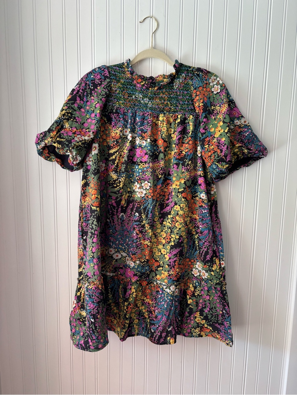 Banjanan Black Floral Smocked Mini Dress with Multicolor Blooms